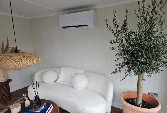 Beautiful Haier Expert 2.5kw in Matte White in Mark Marshall's Garden Room for his Million Pound Garden